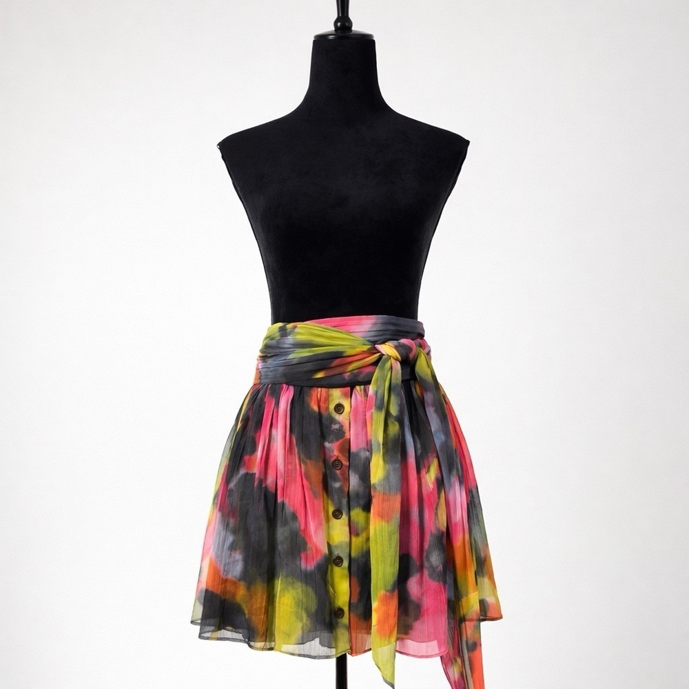 Women Abstract Watercolor Print Skirt 6 Sheer Flowy Mini Tie Sash Fairy Artsy
